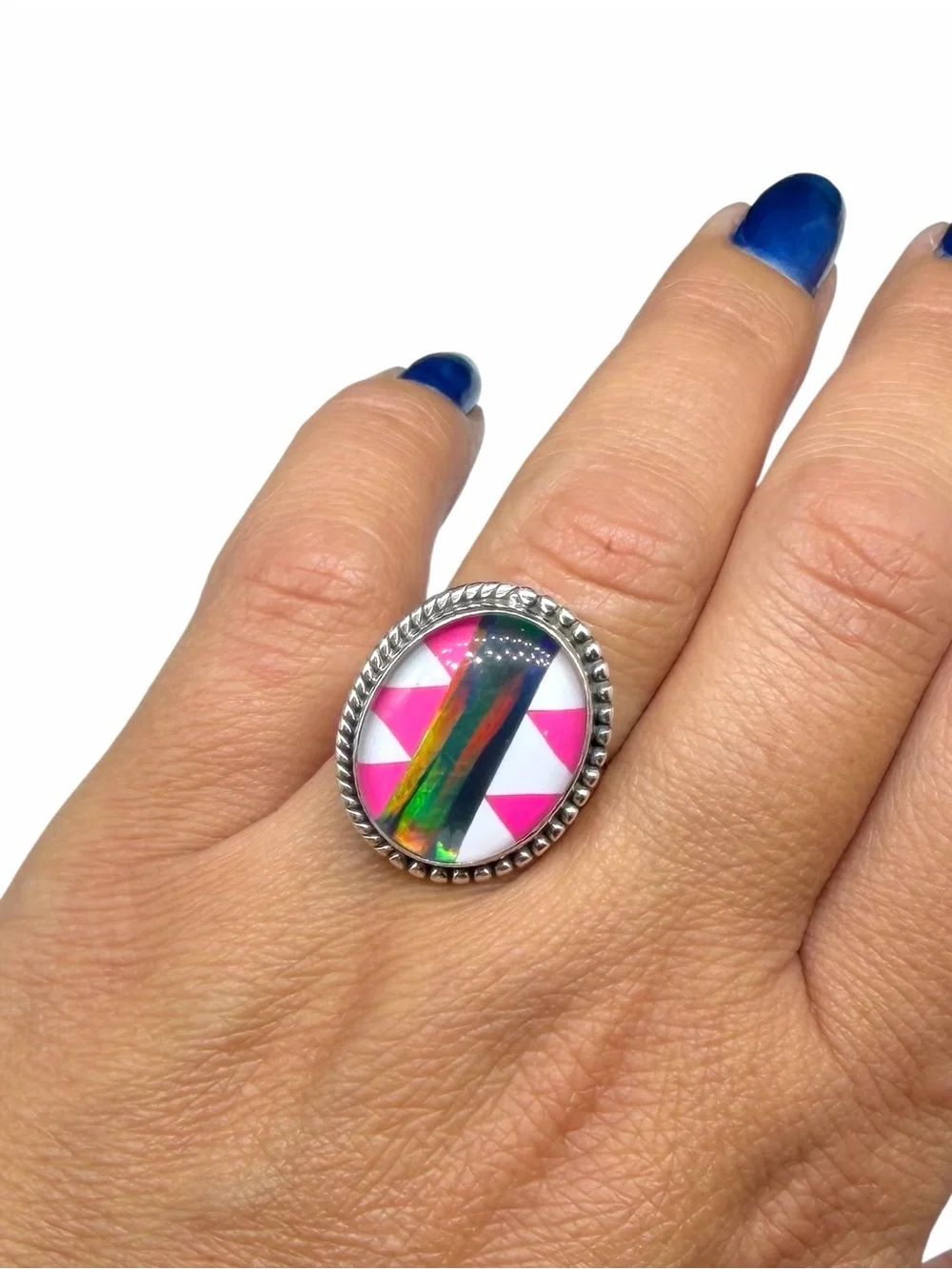 Aurora Fire Opal Stripe Ring Size 7.5 Solid 925 Sterling Silver Hot Pink White